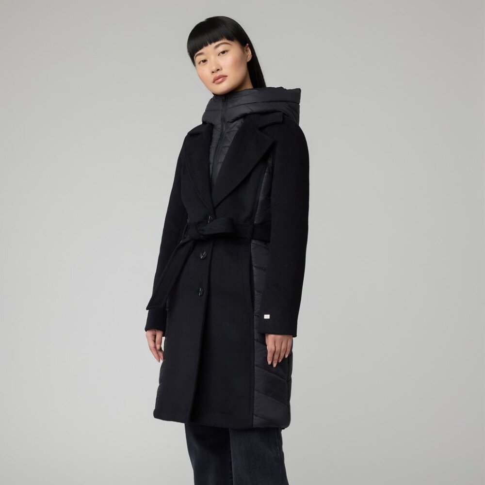 SOIA & KYO Adeline Slim-Fit Black Mixed Media Wool Coat Hooded Women's Large NWT - Picture 4 of 5